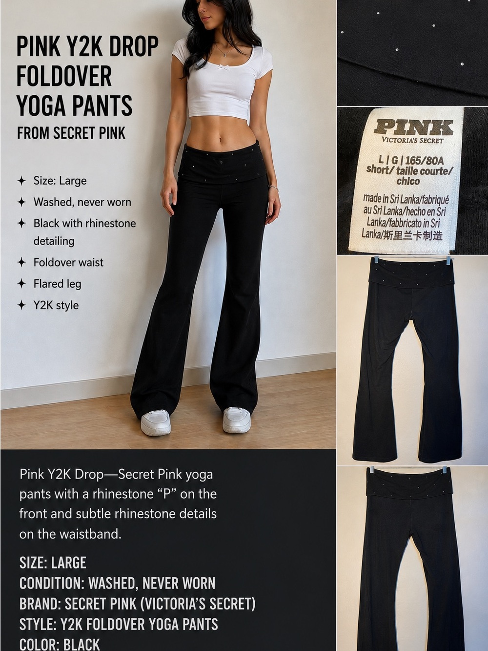 Pink by Victorias Secret 2024 iconic black rhinestone Y2K fold over yoga pants L